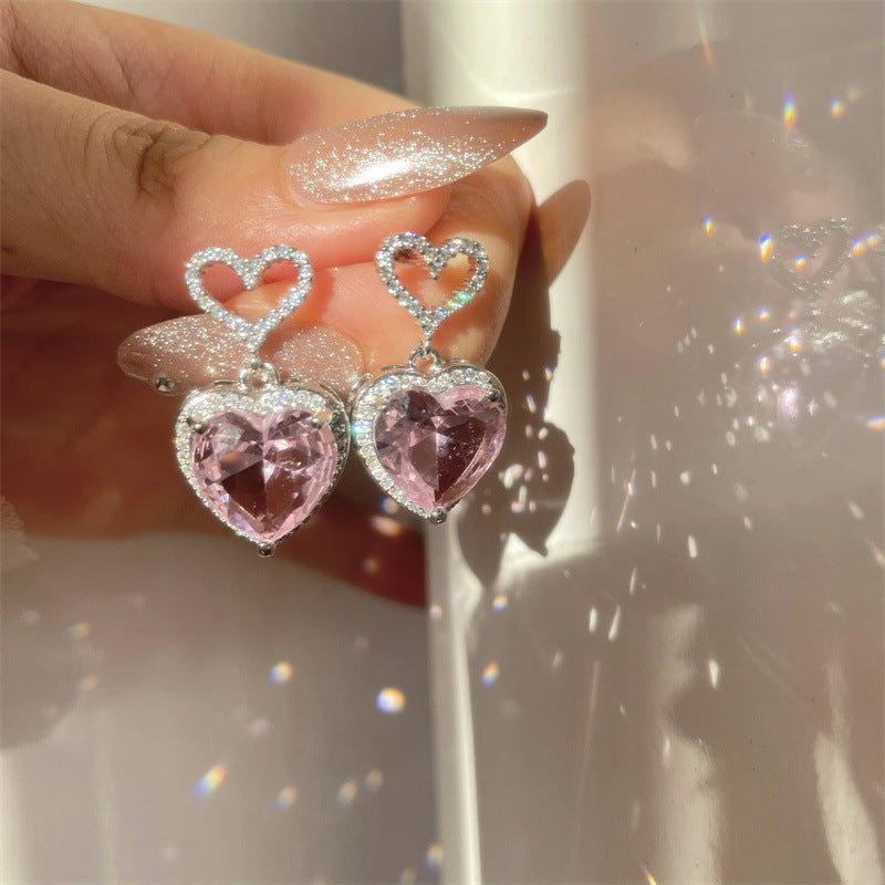 New Light Luxury Premium Feeling Pink Crystal Heart Earrings For Women