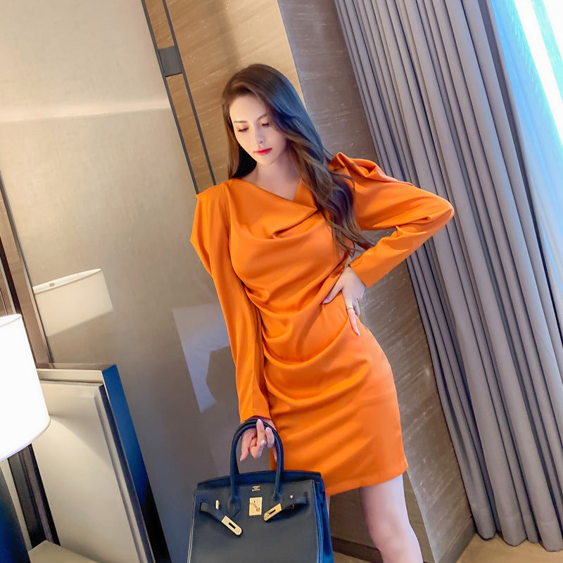 Goddess-Style Pile-Collar Puff-Sleeve Dress