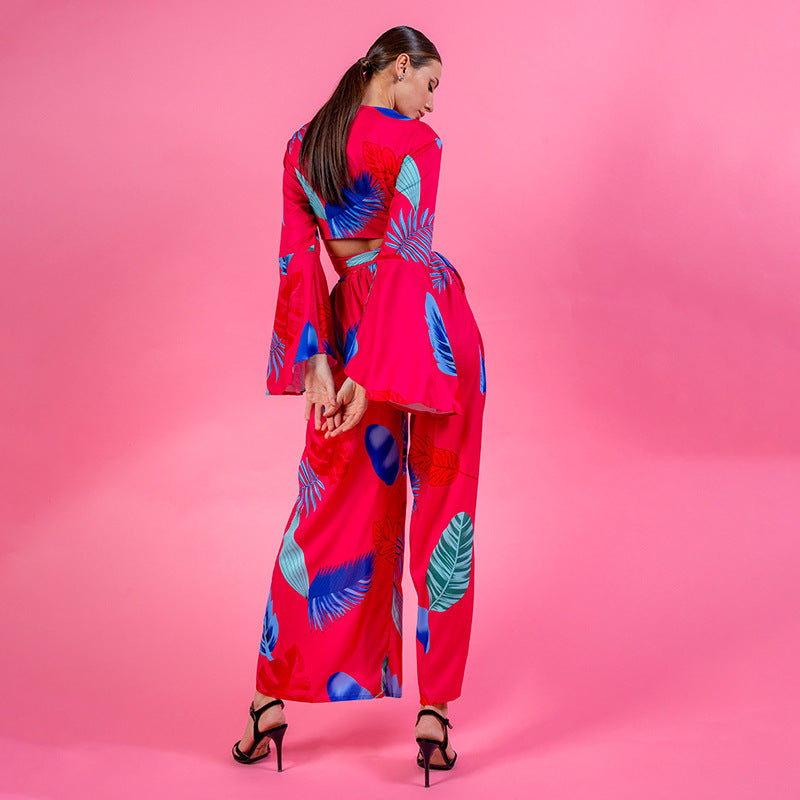 Street Bell Sleeve High Waist Slit Wide Leg Pants Suit
