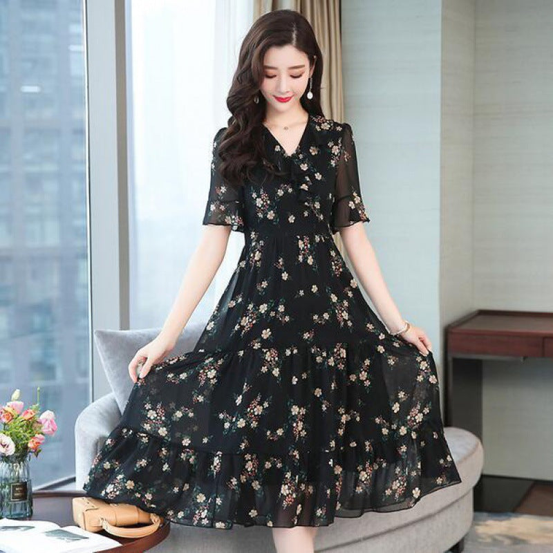 Mid-length Floral Chiffon Dress Covering Belly