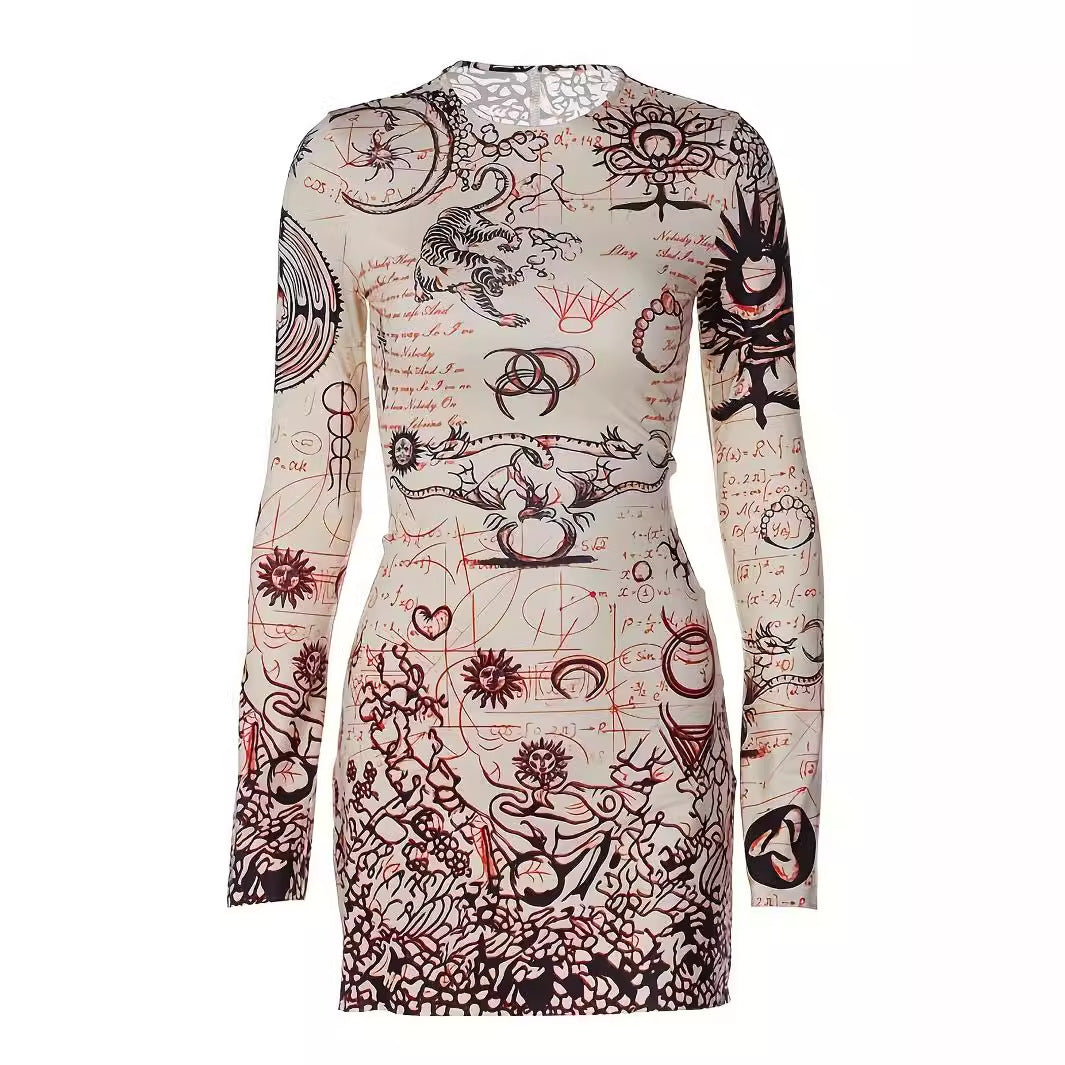 Trendy Retro All-Match Random Printing Slim Hip Dress