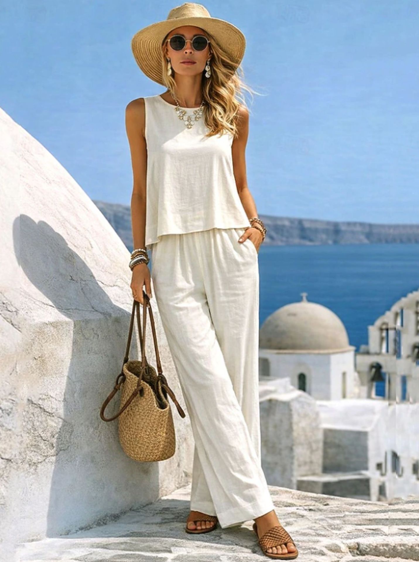 Casual Cotton-Linen Vest & Pants Outfit