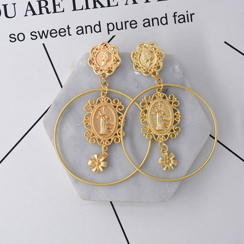 Exaggerated Baroque Head Coin Hoop Earrings For Women