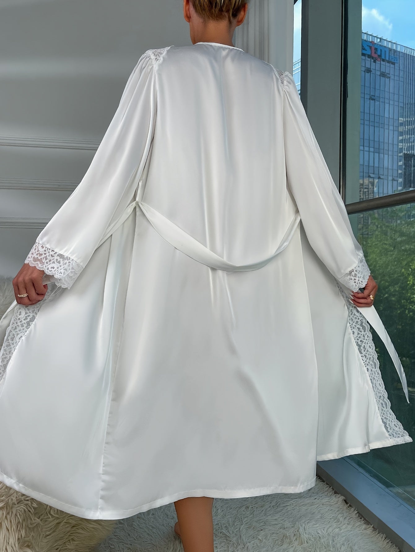 Elegant Solid Lace Trim Satin Night Robe With Belt