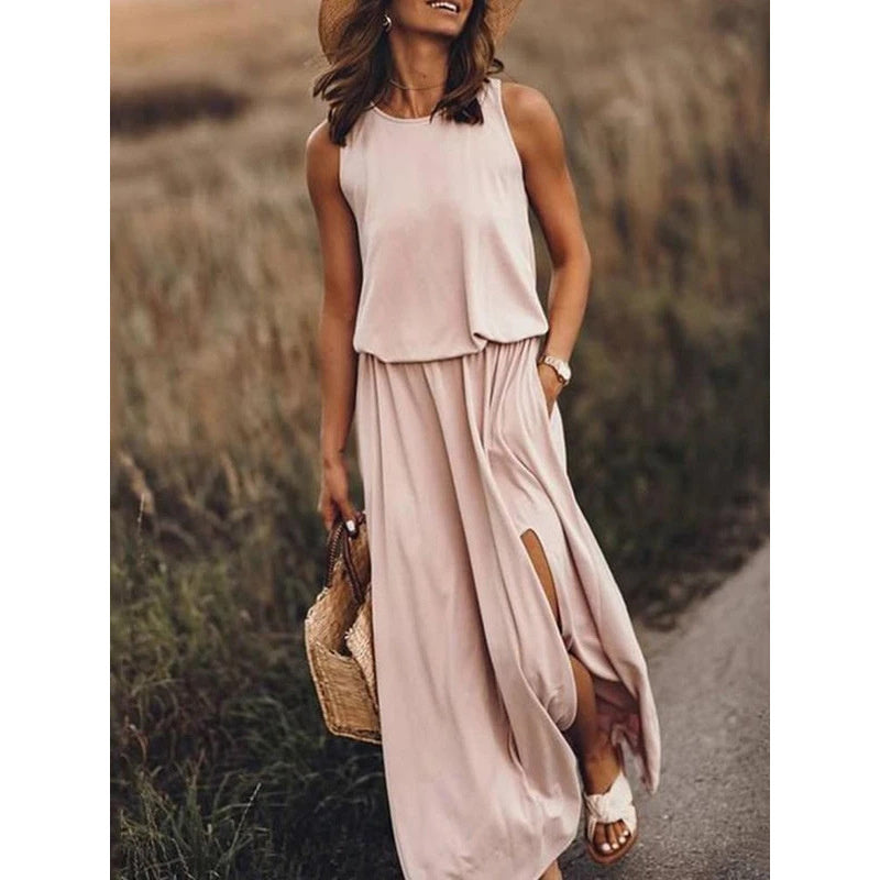 Pockets Sleeveless Crew-Neck Maxi Dress - US Only