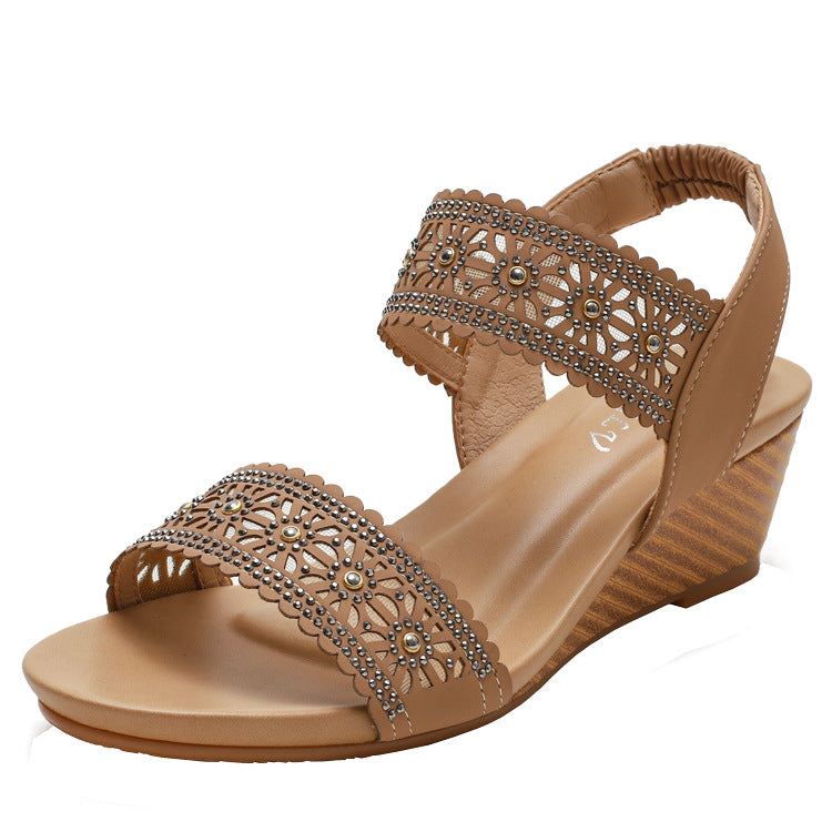 Women's Flower Hollow-Out Sandals With Rhinestones Wedges