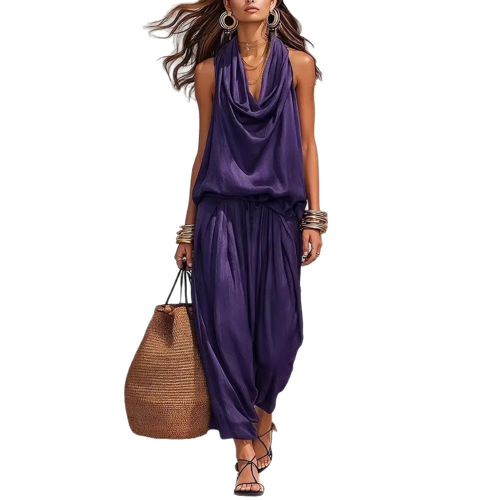 Draped-Neck Vest & Casual Pants Outfit