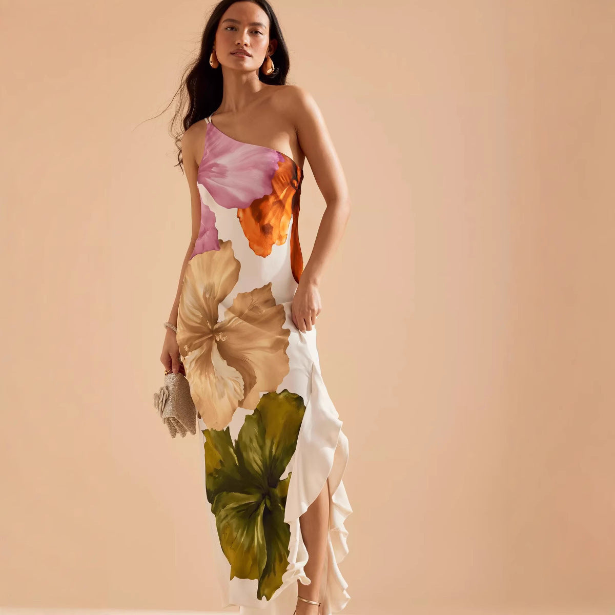 New Oblique-Shoulder Printed Dress