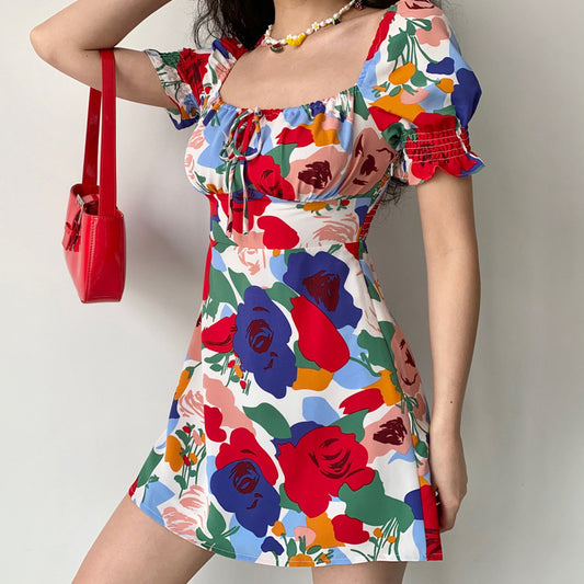 French Retro Square-Neck Tie-Up Mini Dress