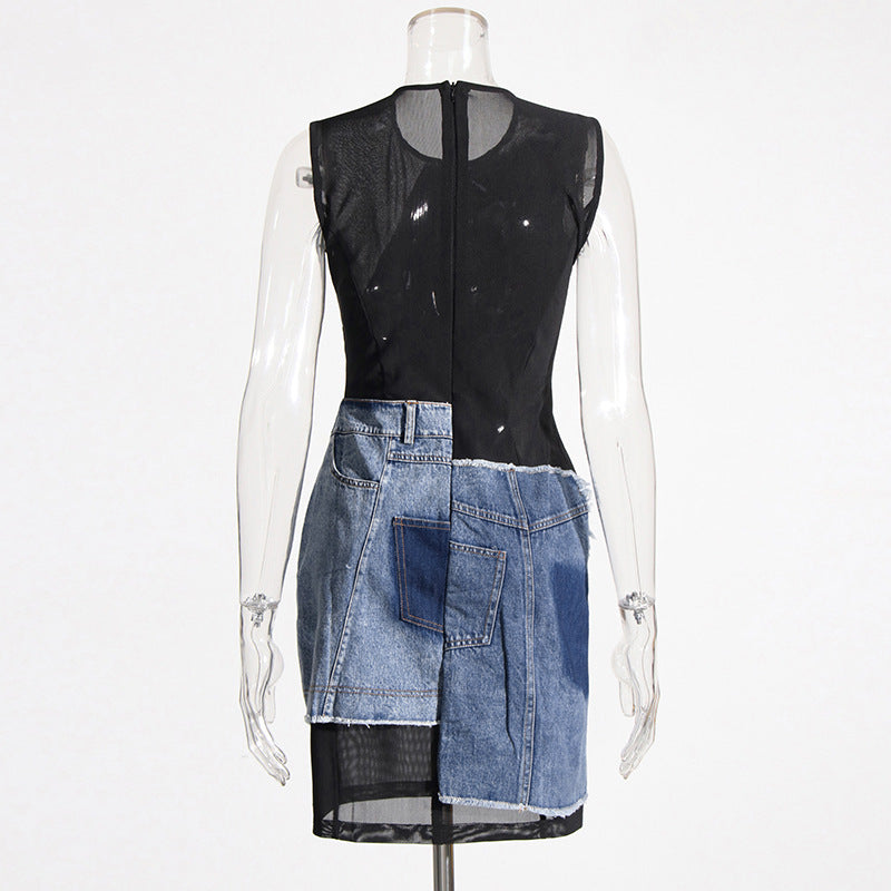 Artistic Denim Stitching Mesh Zipper Dress