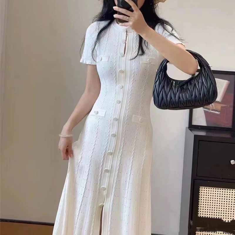 French Style Temperament Ladies Short Sleeve Wooden Ear Hollow Thread Single-breasted Knitted Dress