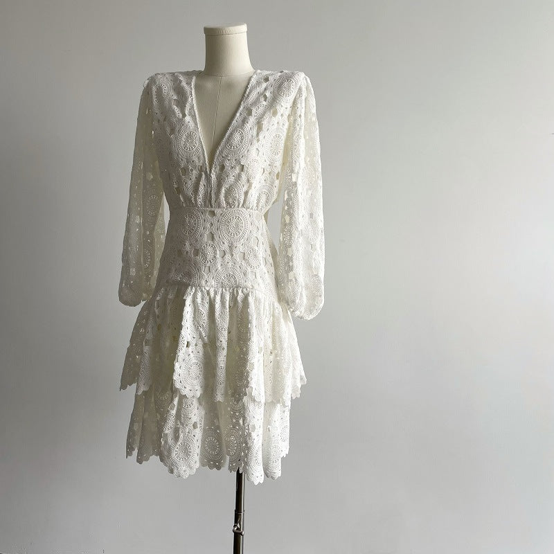 Hollow Embroidered Lace V-Neck Women's Dress