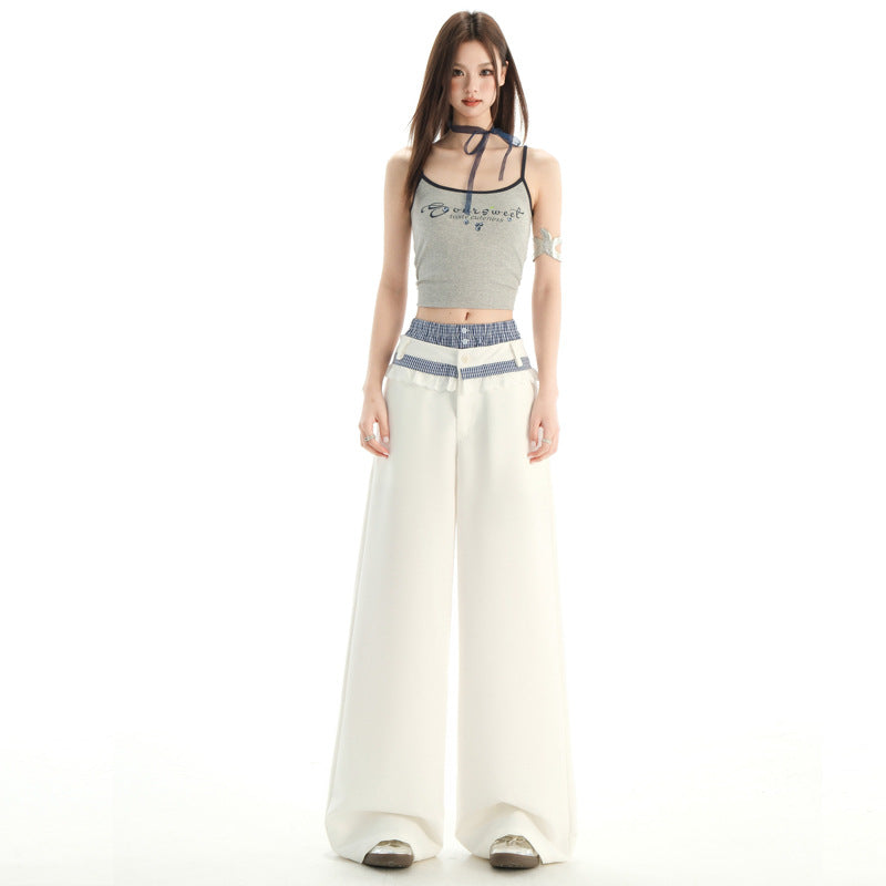 Spliced Lace Trim Double-Waistband Trousers