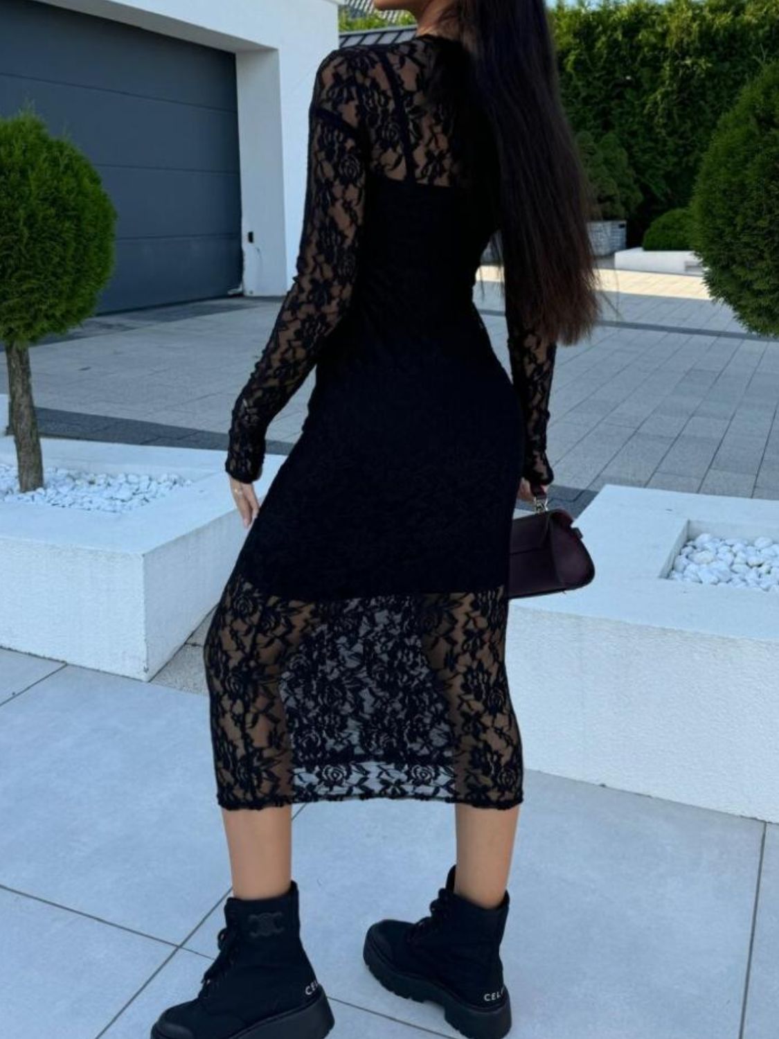 Lace Round-Neck Long-Sleeve Midi Dress - US Only