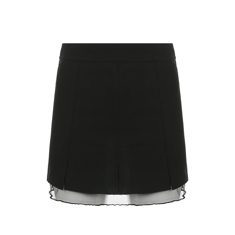 Low Waist Slit Stitching Mesh Gauze Double Elastic Skirt Female