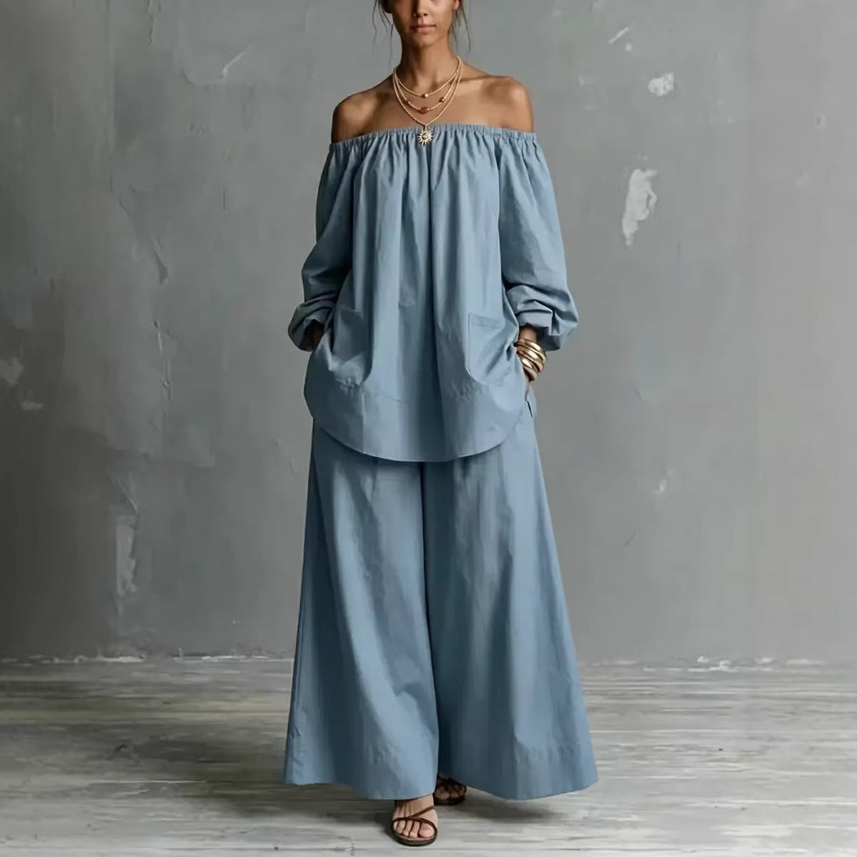 Off-shoulder Womens Cotton And Linen Wide-leg Pants Set