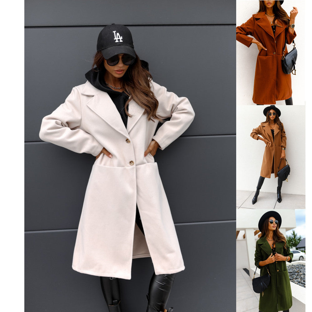 Long-Sleeve Double-Pocket Button Woolen Coat for Women