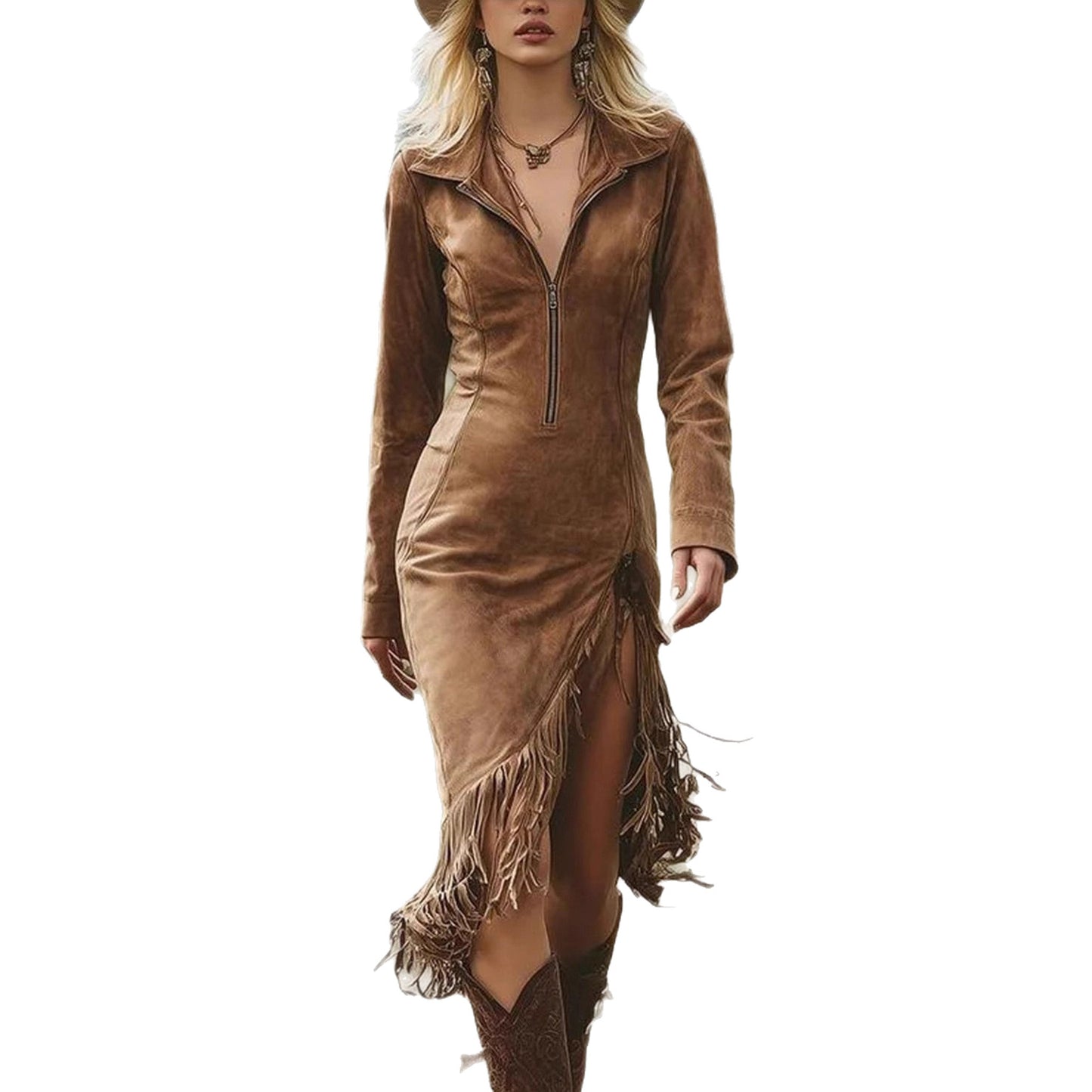 Cowboy-Style Suede Fringe Slim-Fit Long-Sleeve Dress