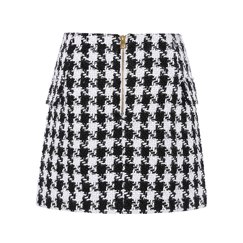 Double-Row Metal Buckle Houndstooth Skirt