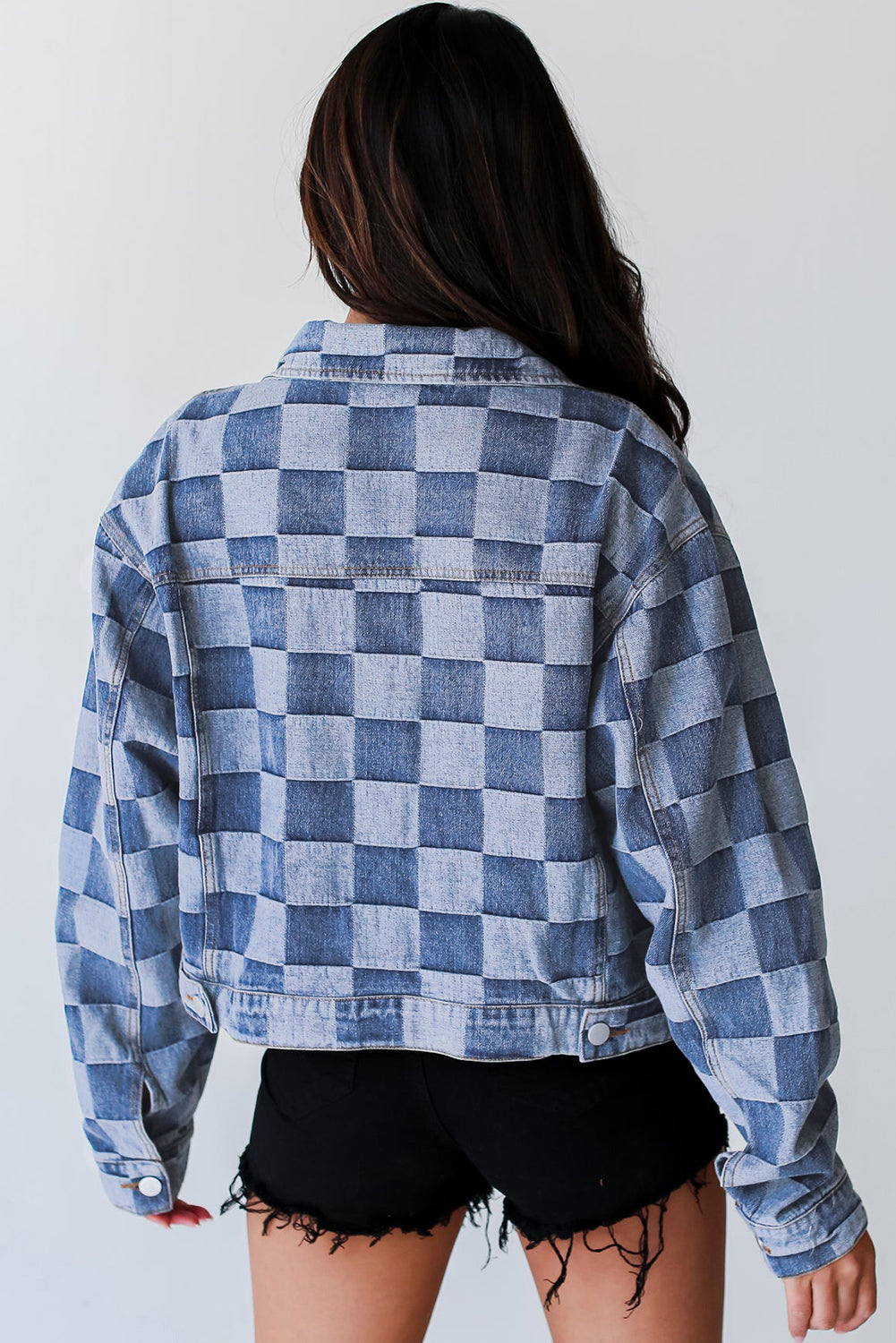 Light Blue Chequered Patchwork Button-Up Denim Jacket