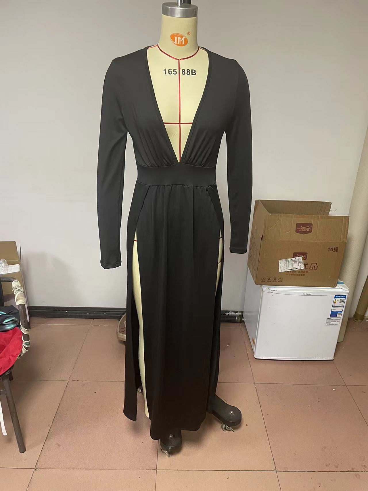 Long-sleeve V-neck Solid-color Hollow-out Dress