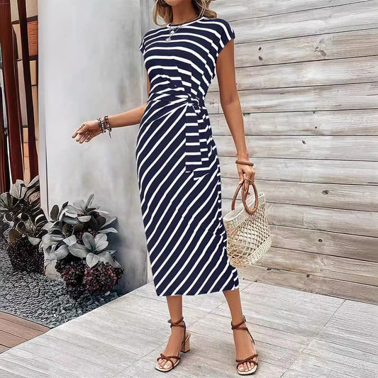 Waist-Strap Striped Round-Neck Short-Sleeve Long Pattern Dress