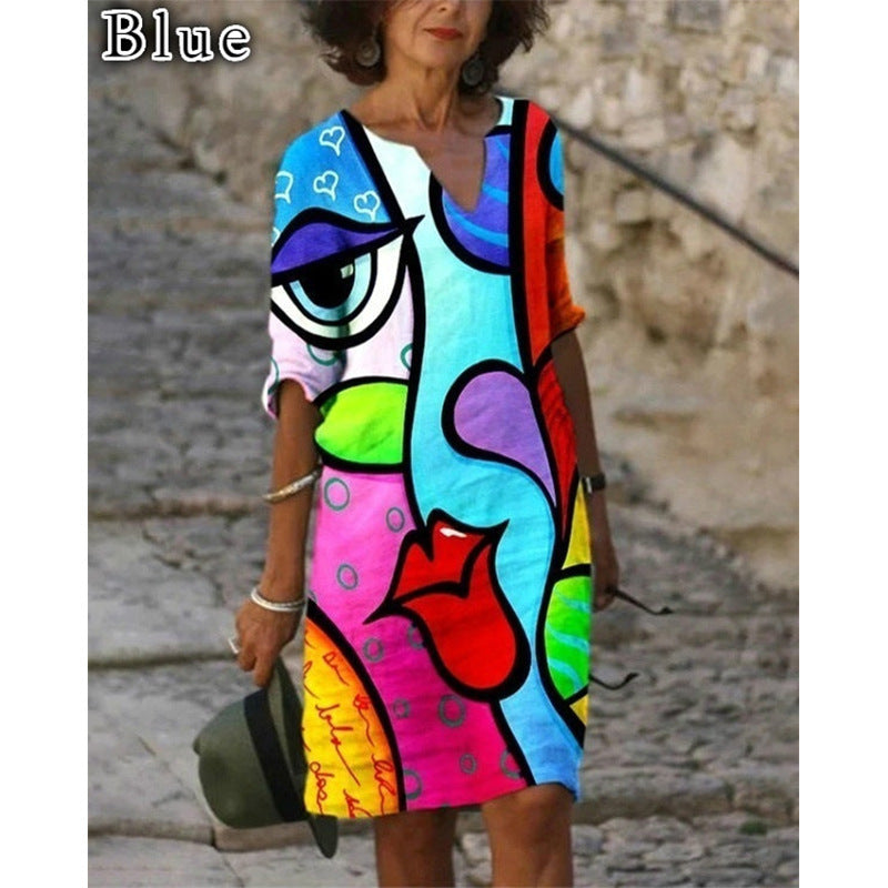 Retro Eye Print Dress V-neck Mid-length Sleeve
