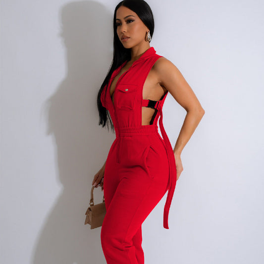 Hollow-Out Solid-Colour Jumpsuit