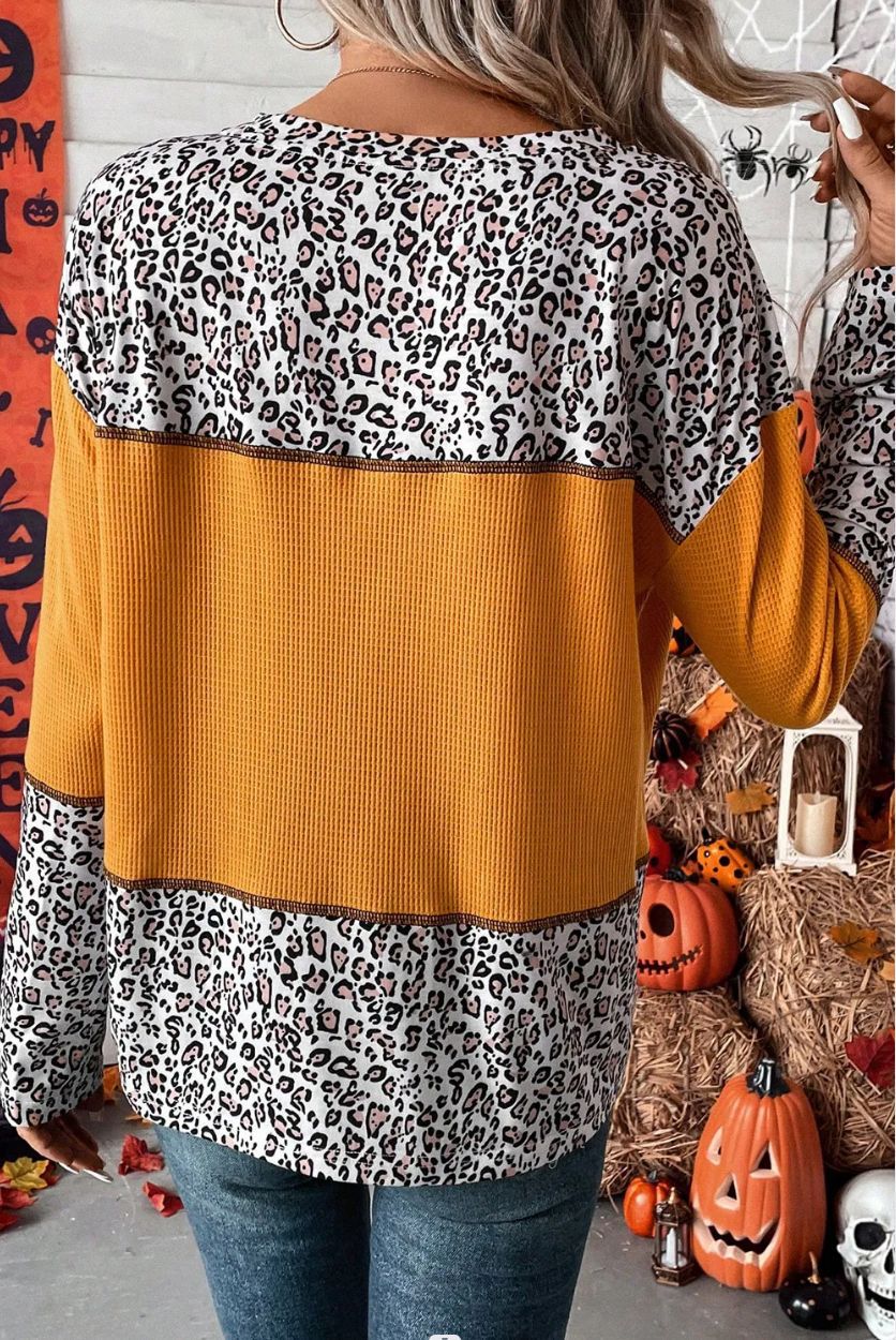 Round-Neck Pullover Leopard Splicing Waffle Sweater