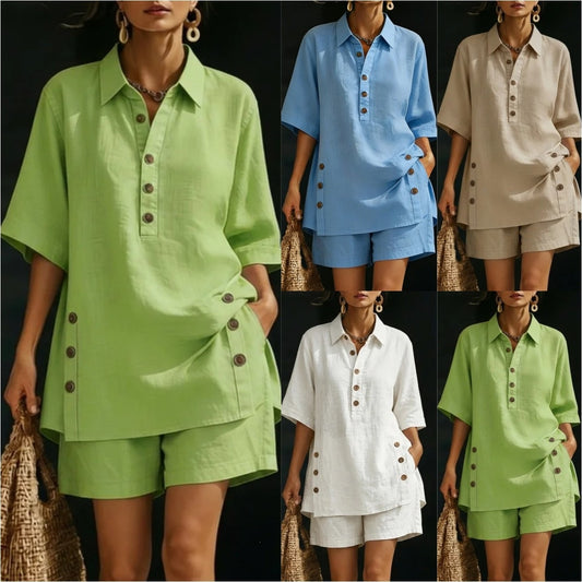 Womens Short-Sleeve Shirt And Loose Pants Two-Piece Set