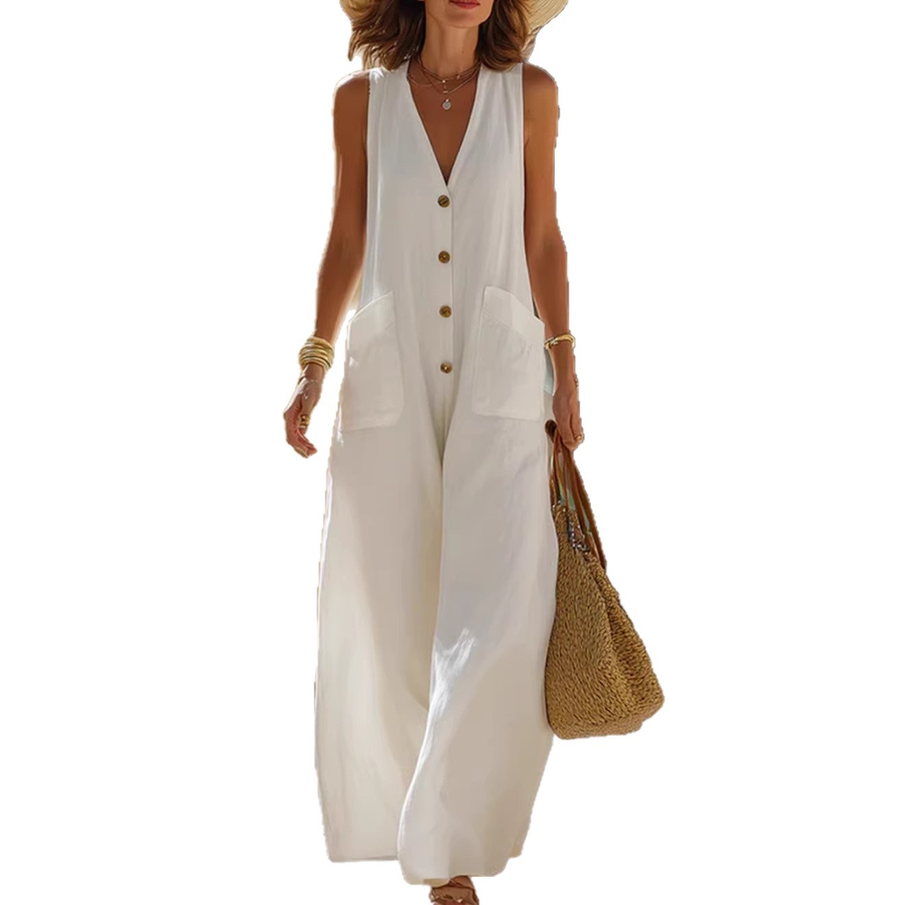 Simple And Comfortable Cotton-Linen Sleeveless Wide-Leg Jumpsuit With Button Pockets