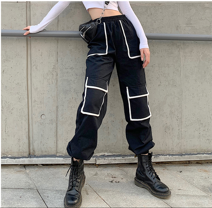 White Stripe Cargo Pants For Women -  Contrast Colour High-Waist Hip Hop Capris