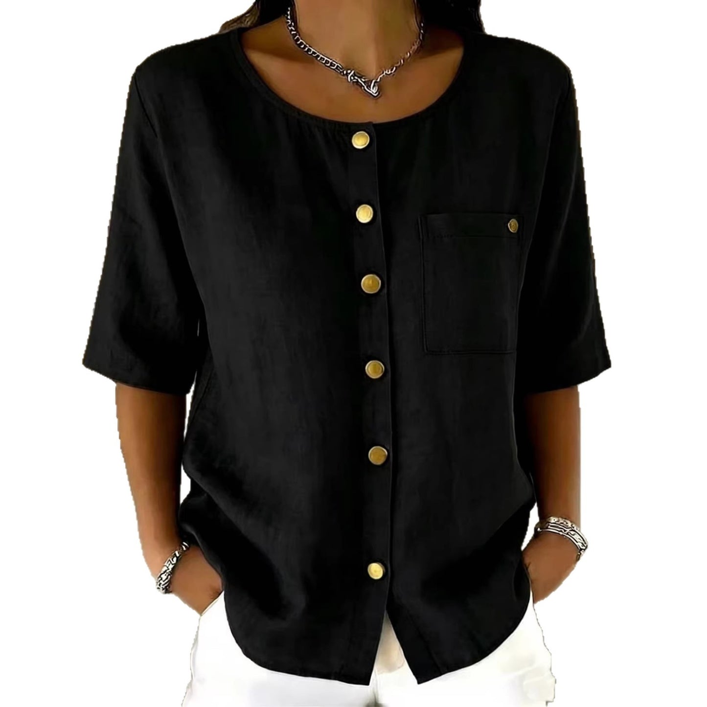 Womens Crew-Neck Shirt With Metal Buttons And Three-Quarter Sleeves