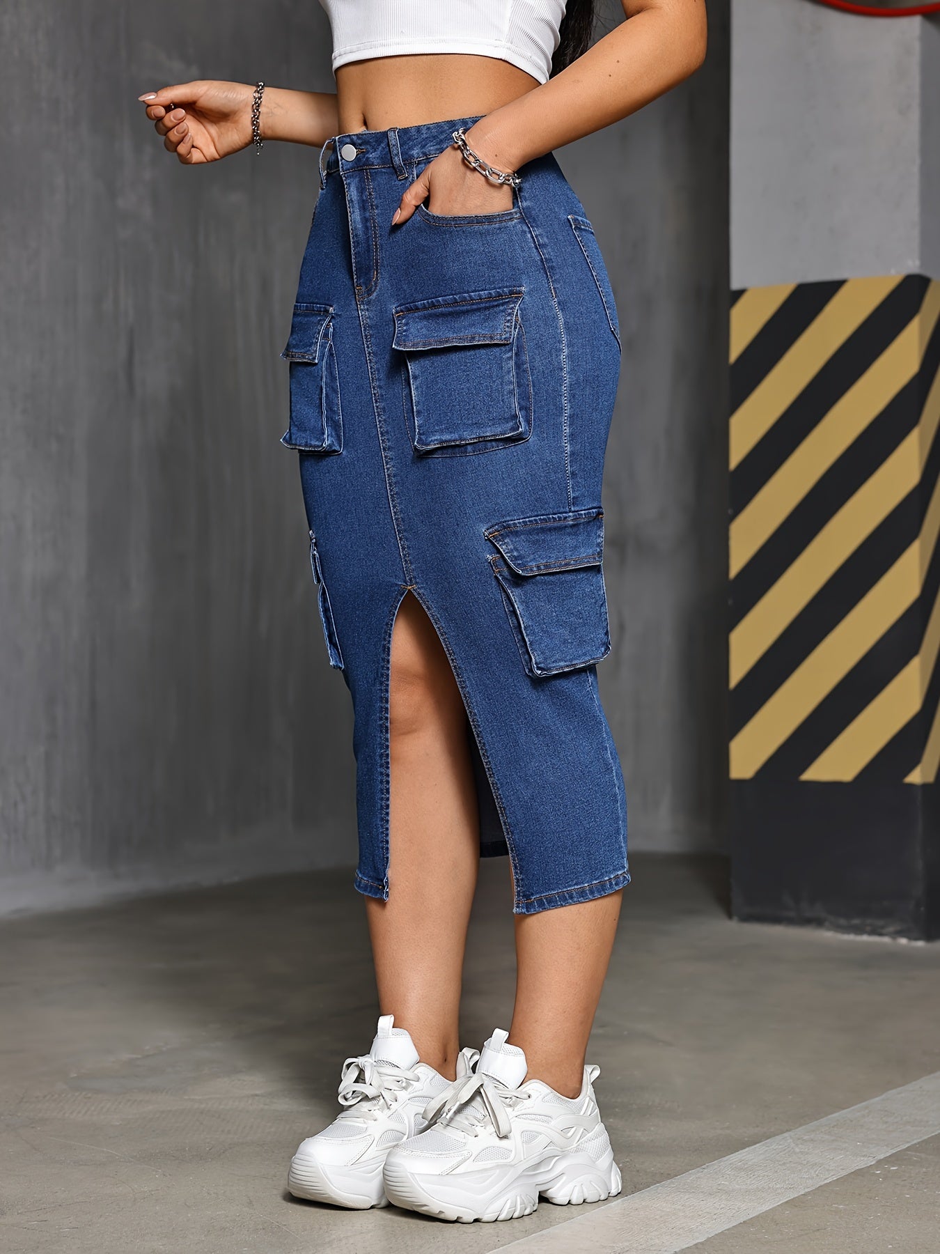 Slit Denim Midi Skirt With Multiple Pockets