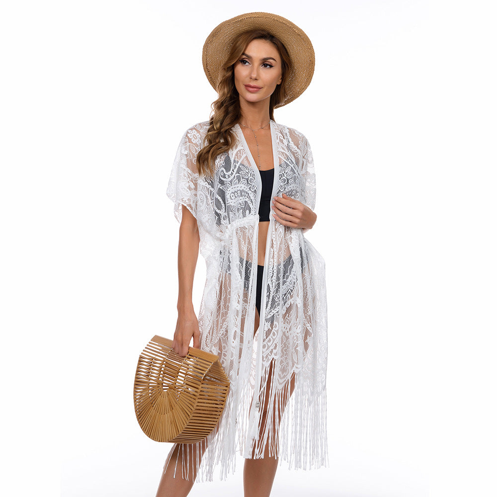 Lace Cardigan - Elastic-Waist Beach-Style Bikini Blouse - Sun Protection Clothing