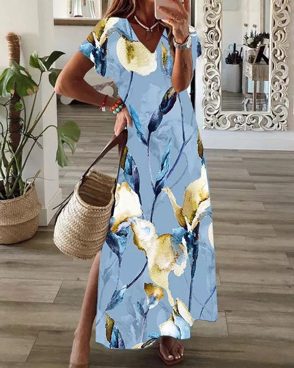 Loose Digital Print V-Neck Short-Sleeve Dress For Women