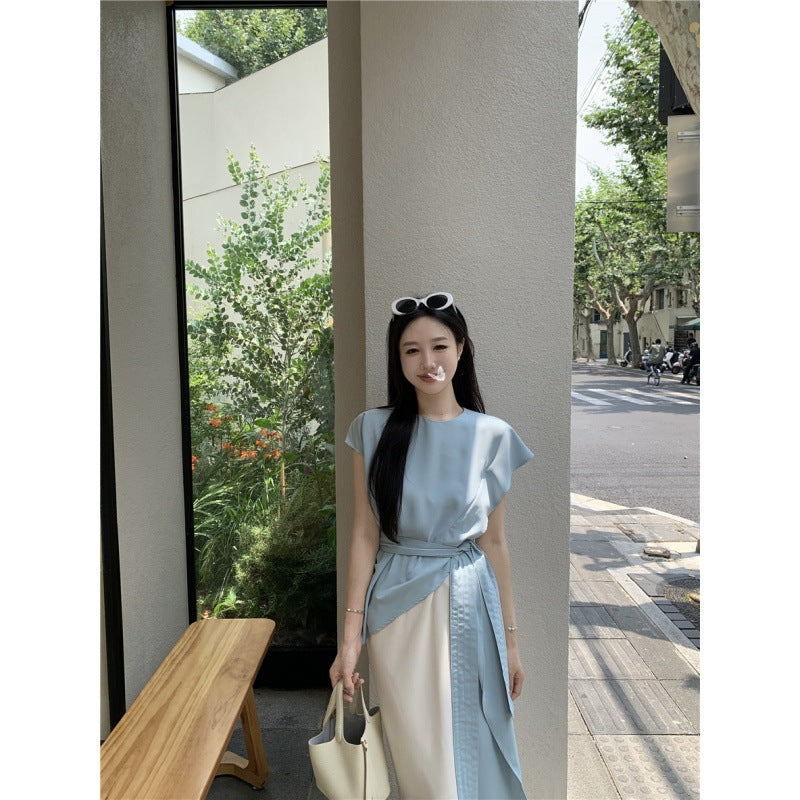 Gentle-Design Two-Piece Patchwork Cinched Tie Slim-Fit Dress