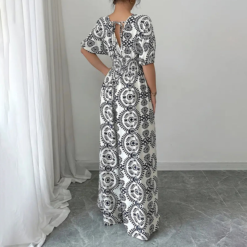 Short-Sleeve V-Neck Wide-Leg Pants Jumpsuit - US Only