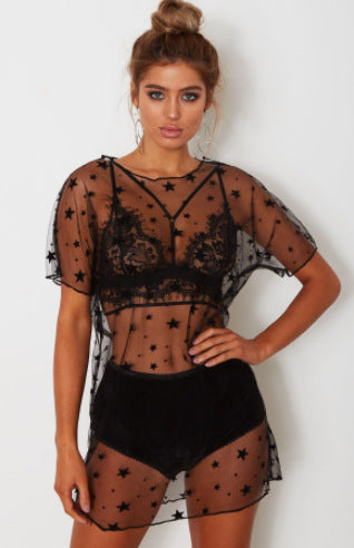 Round-Neck Short-Sleeve Perspective Mesh Lingerie