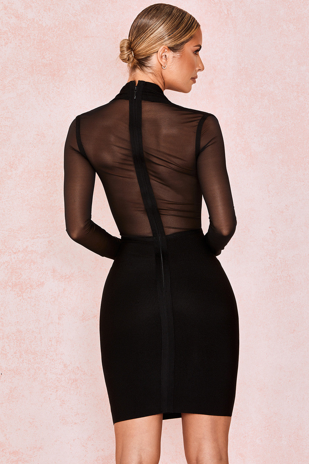 Deep V-Neck Long-Sleeve Lace Mesh Stretch Bandage Dress