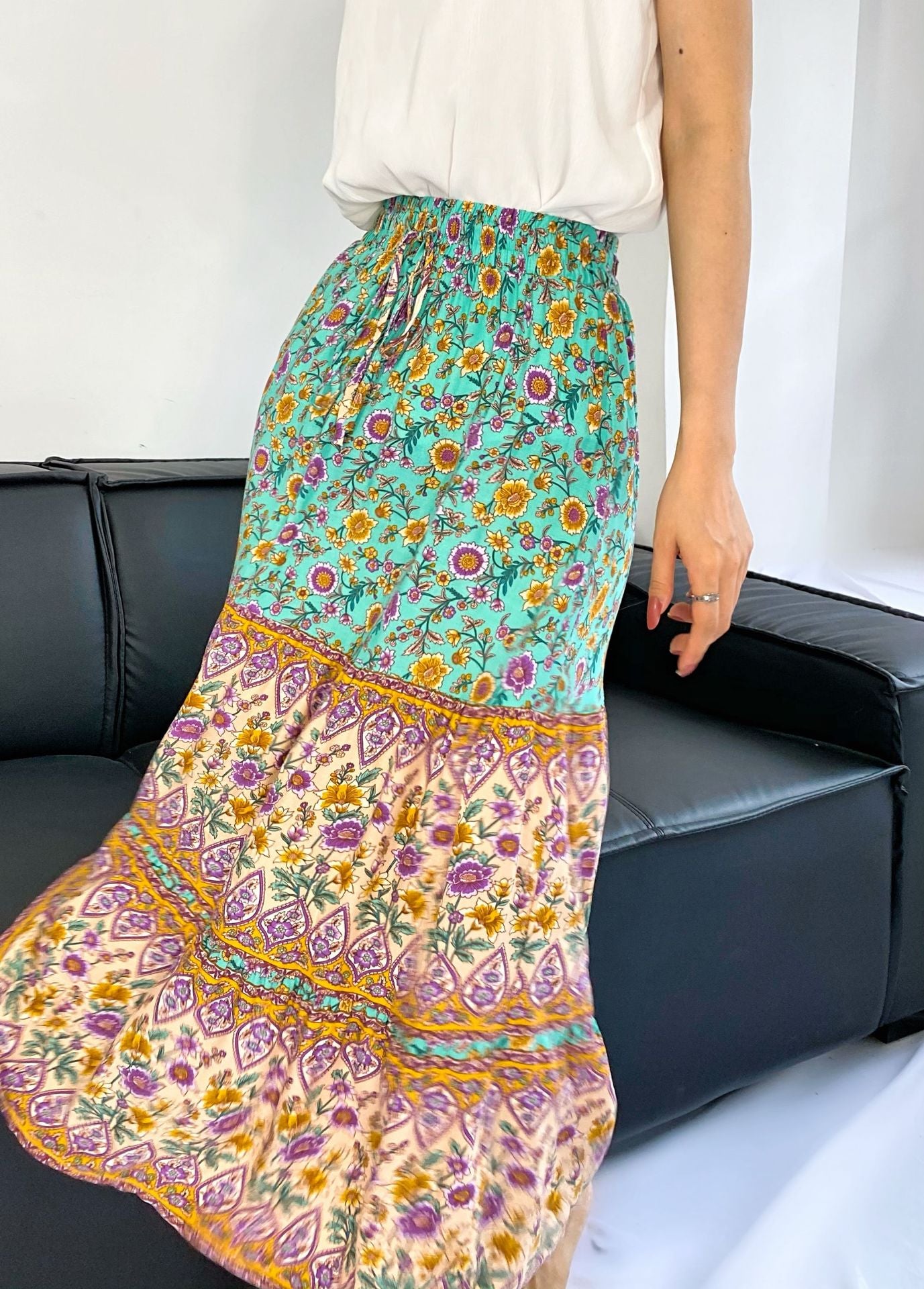 Women's Printed Elastic High-Waist Long Skirt