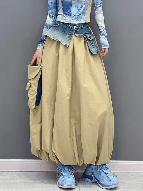 Big Pockets Denim Patchwork Long Skirt