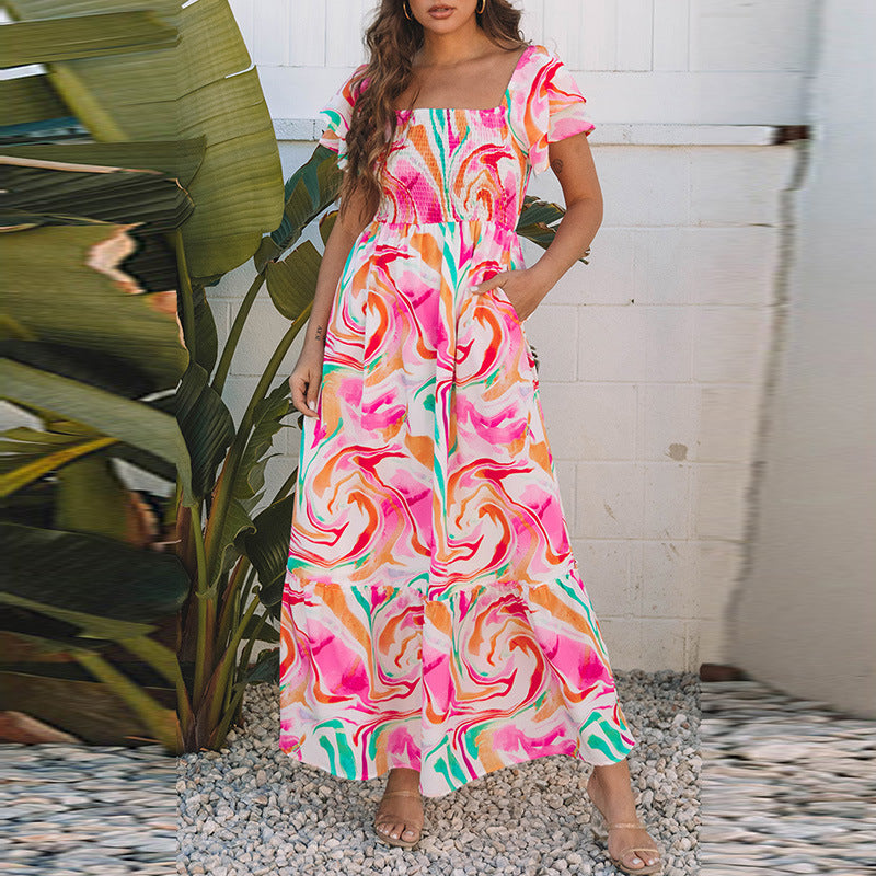 European And American Fashion All-match Abstract Printing High Waist Dress