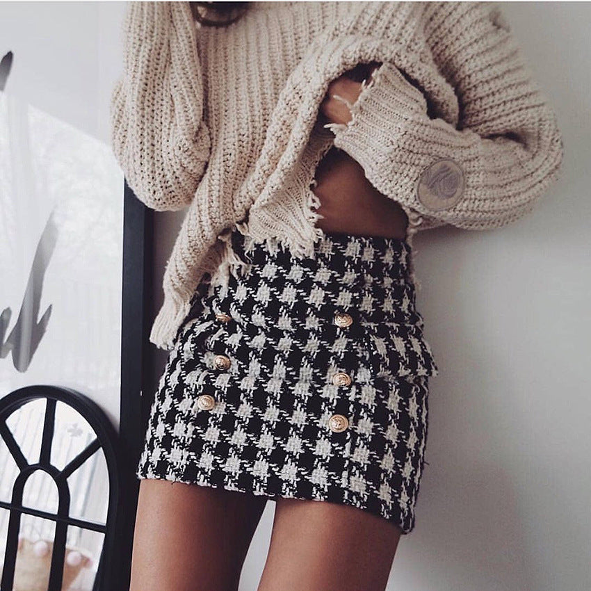 Double-Row Metal Buckle Houndstooth Skirt