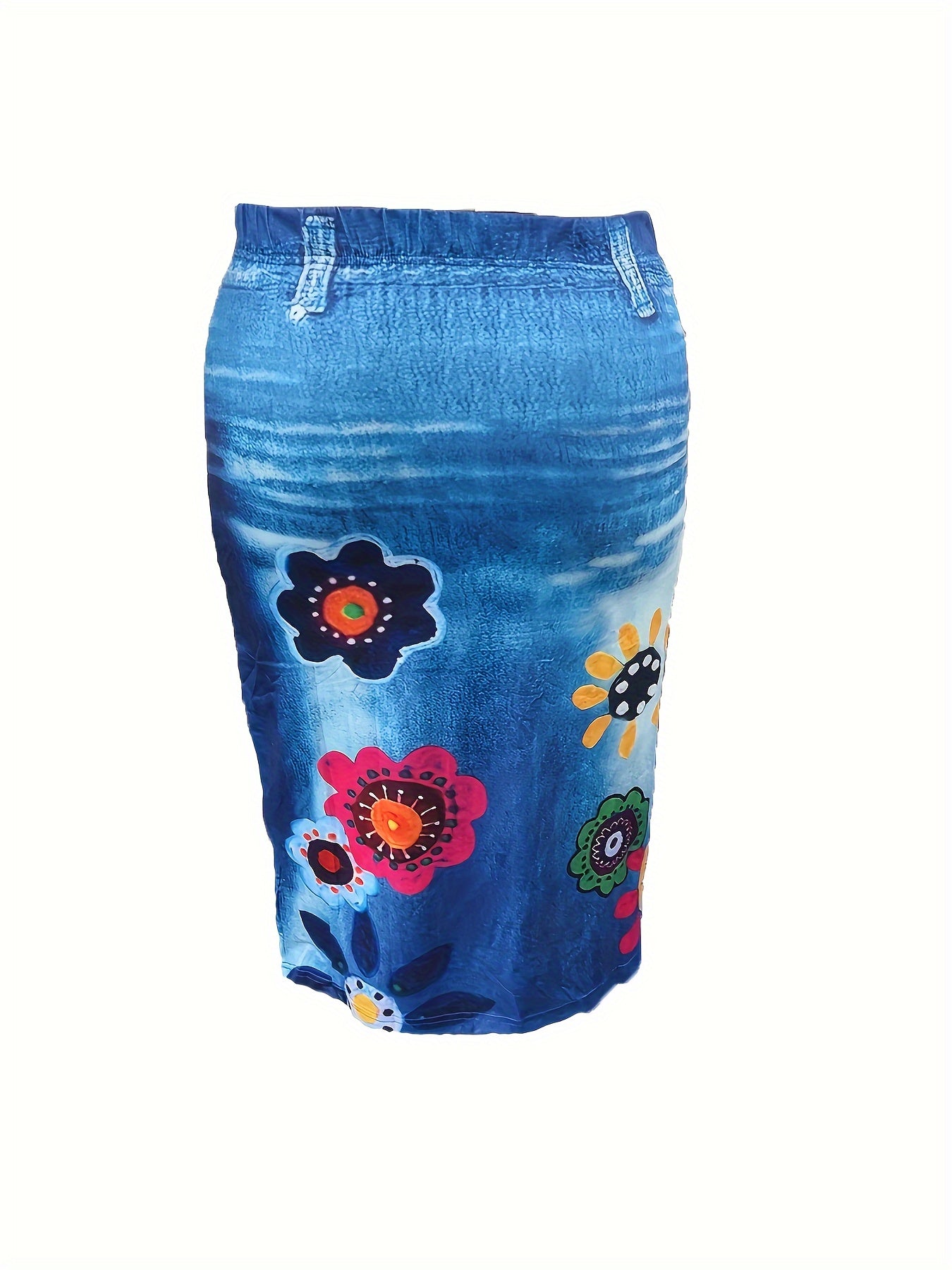 Plus-Size Faux Denim Floral Print Skirt