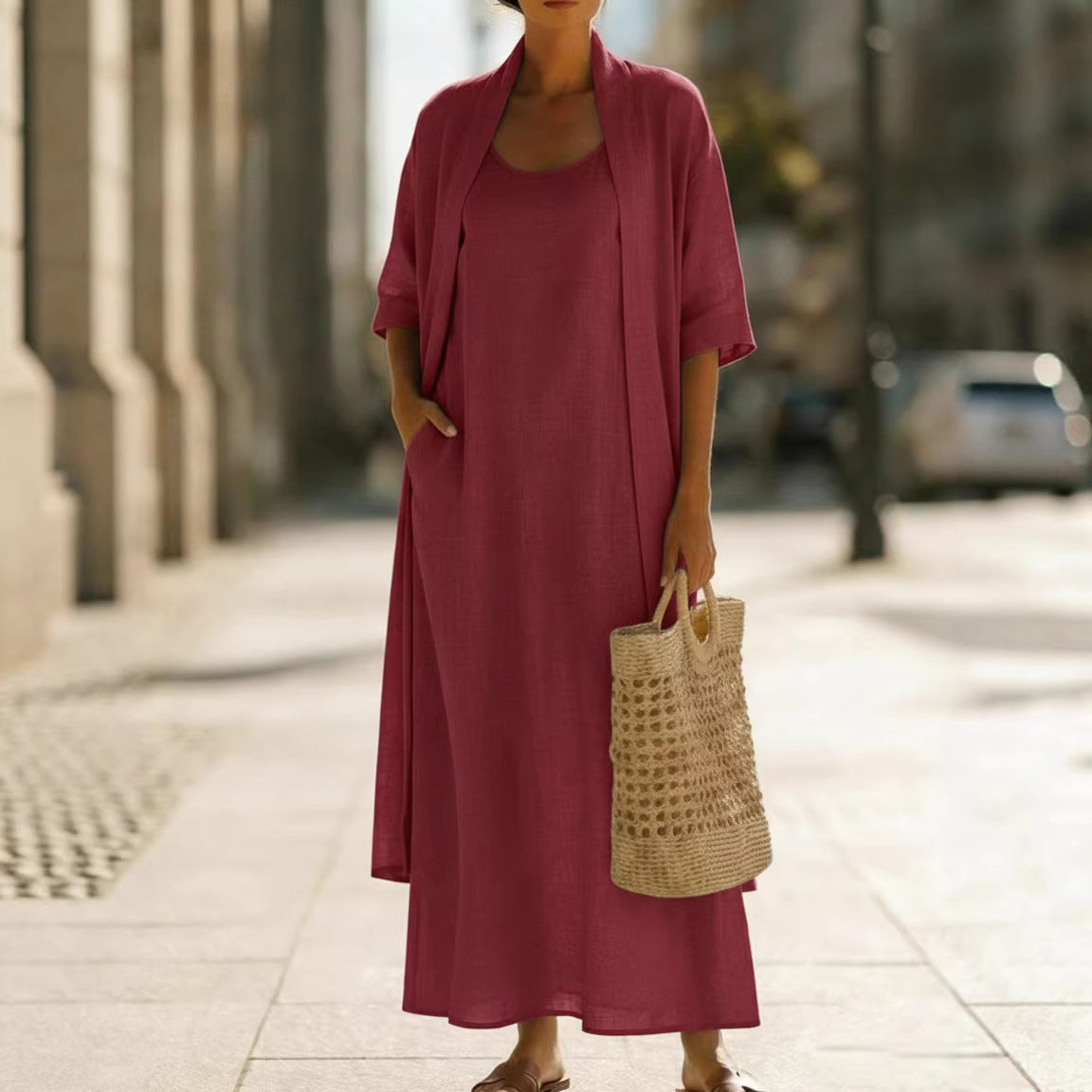 Womens Simple, Loose, Comfortable, Fashionable Cotton-Linen Two-Piece Dress Set