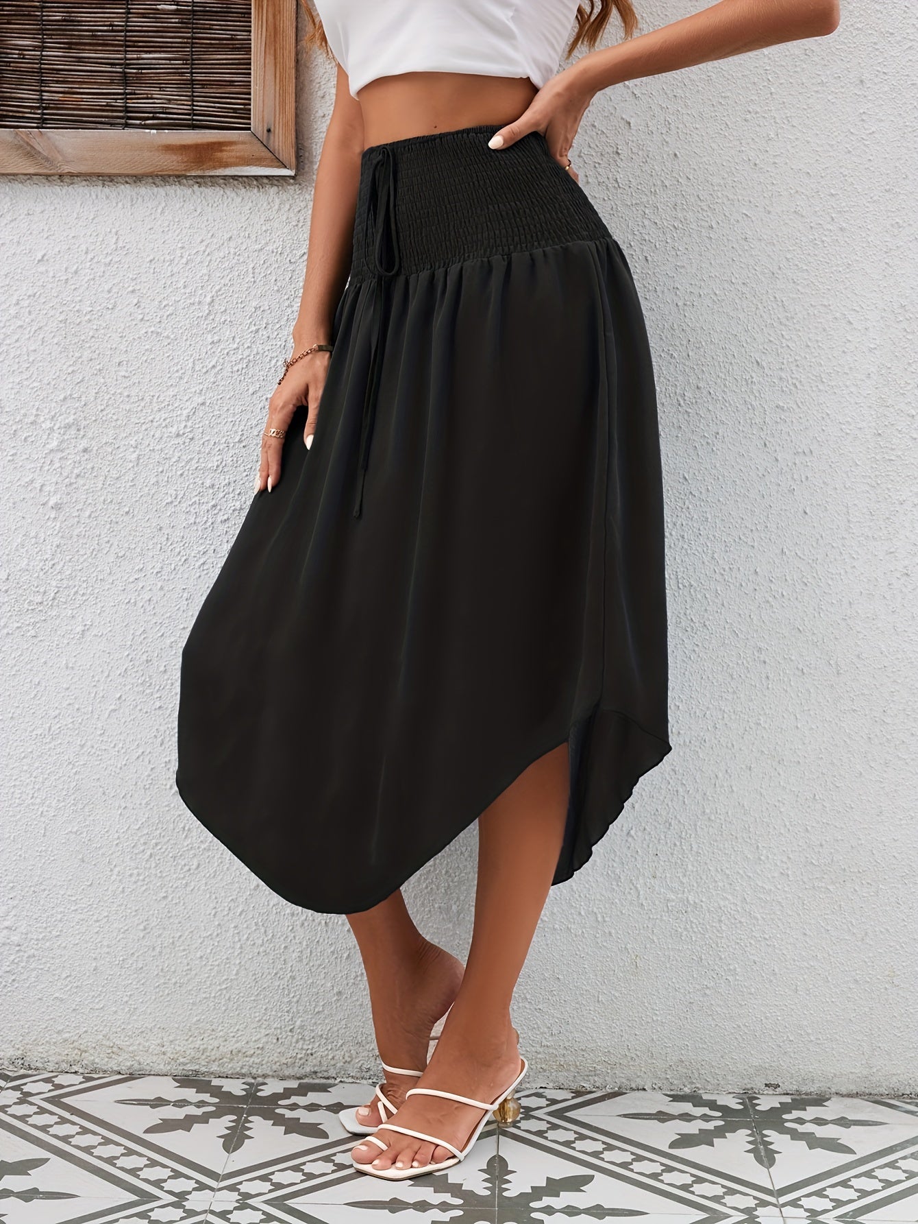 Asymmetrical Hem Tie Front Midi Skirt