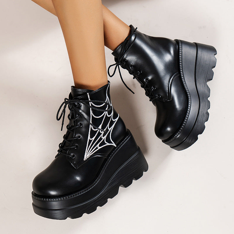 Fashion Spider Web Print Shoes - Chunky-Heel Boots For Women