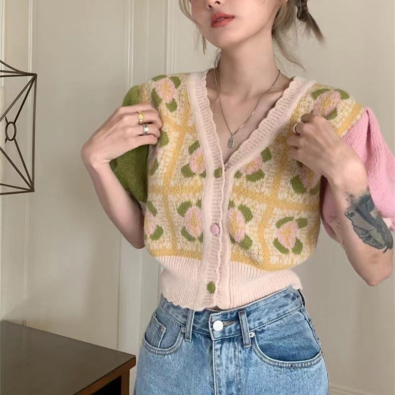 Puff-Sleeve Knitted Thin V-Neck Cardigan