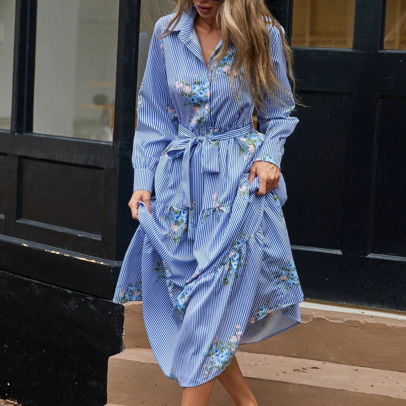 Flower Striped Printed Long Sleeved Shirt Dress